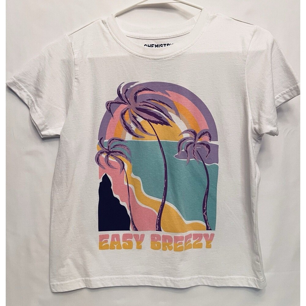 Chemistry Girls L Easy Breezy Palm Tree Graphic Tee White Retro Beach Shirt EUC